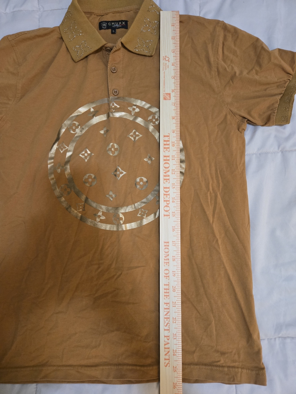Men's Tan Polo with Gold Metallic Graphic - Picture 3 of 5